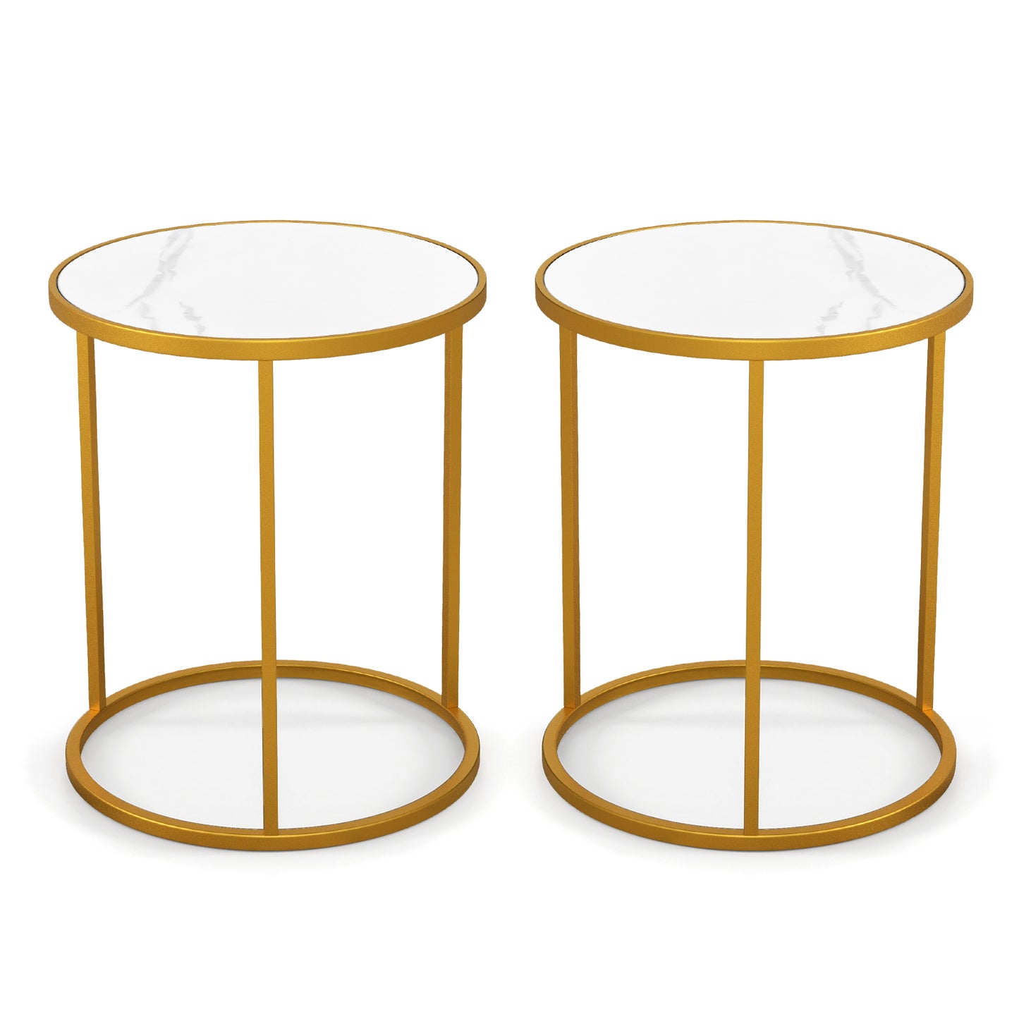 16 Inch Marble Top Round Side Table with Golden Metal Frame for Living Room Bedroom-1 Piece - Set Of 2