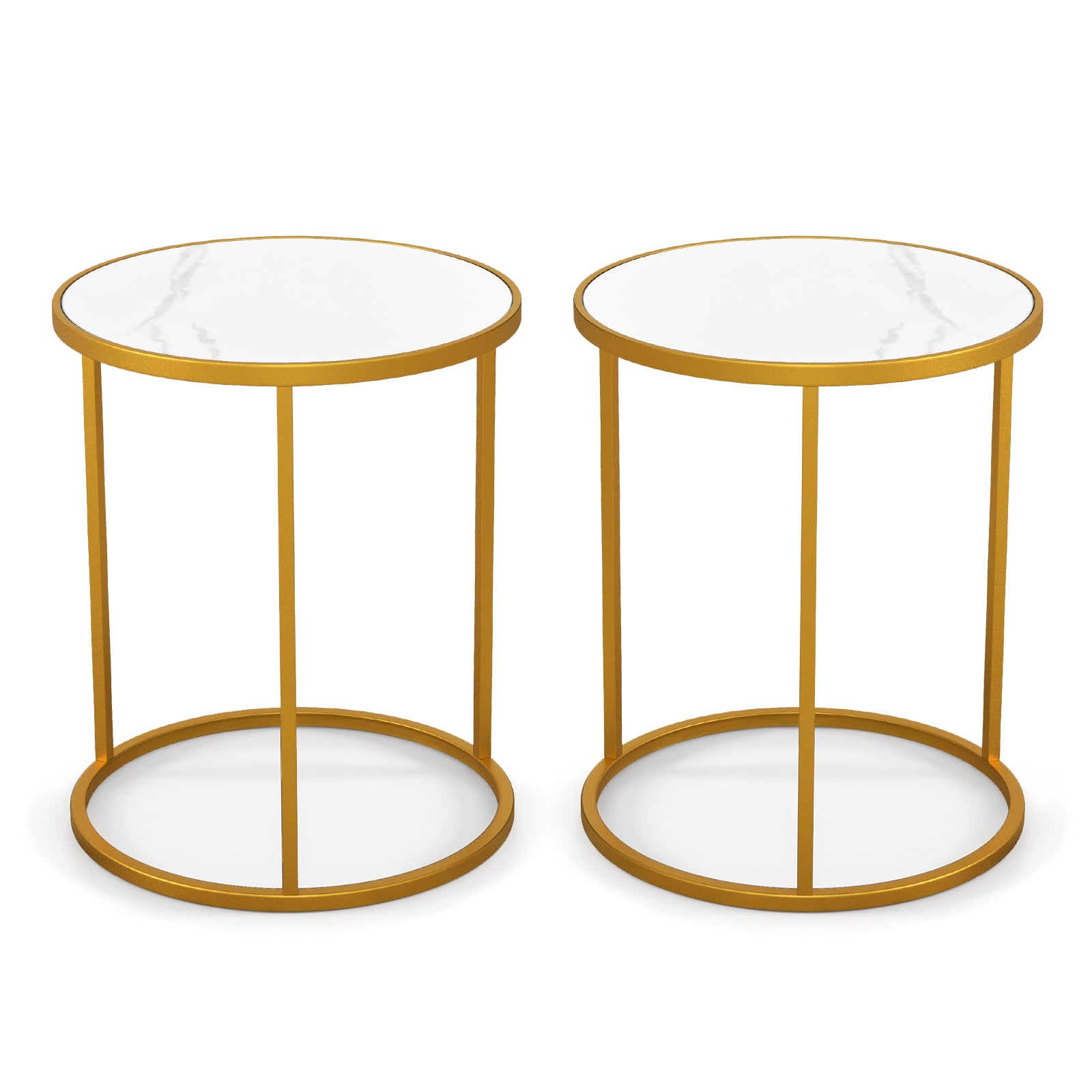 16 Inch Marble Top Round Side Table with Golden Metal Frame for Living Room Bedroom-1 Piece - Set Of 2