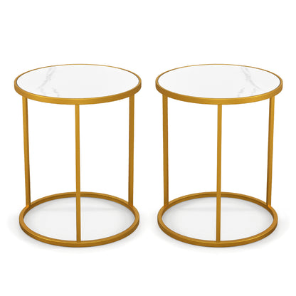 16 Inch Marble Top Round Side Table with Golden Metal Frame for Living Room Bedroom-1 Piece - Set Of 2