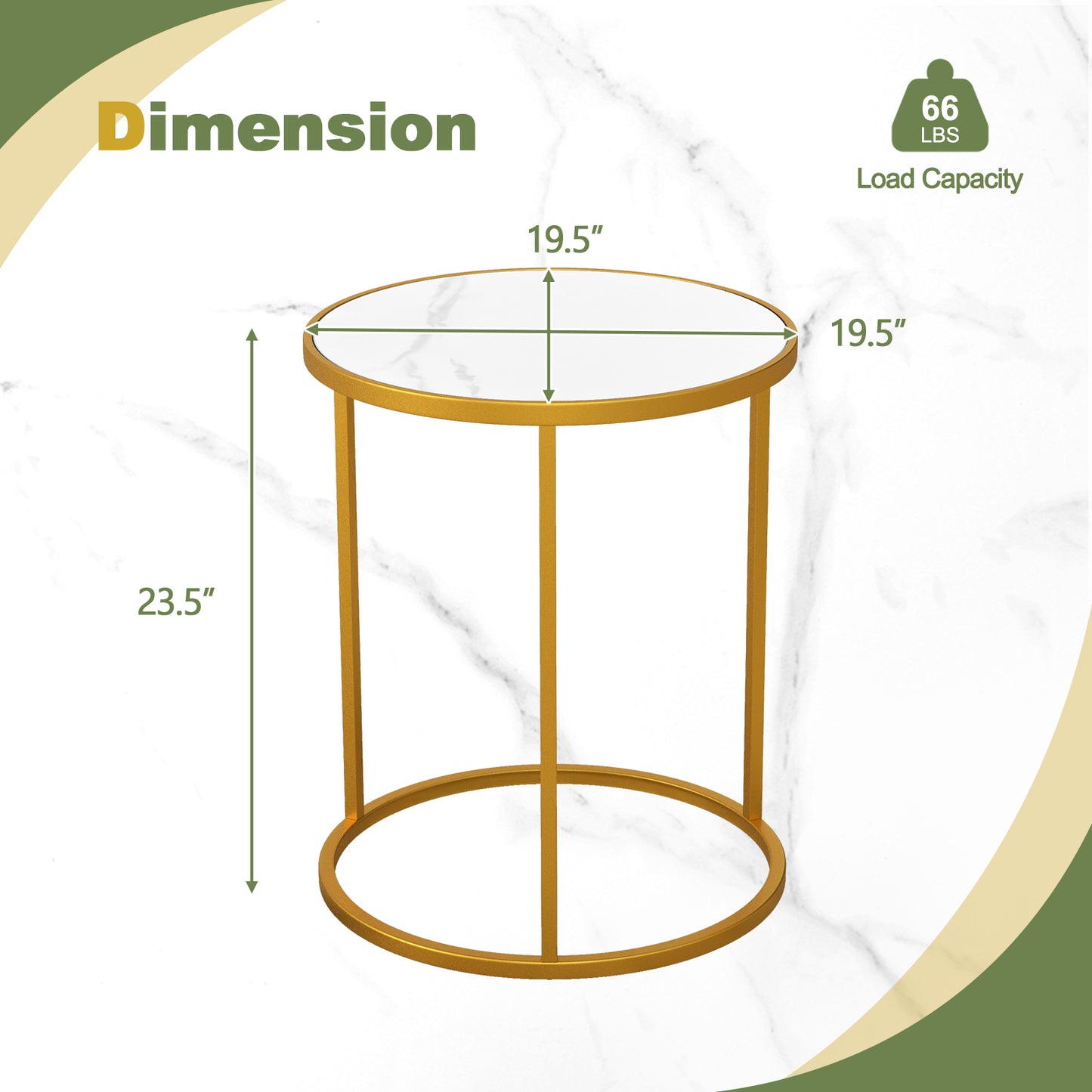 16 Inch Marble Top Round Side Table with Golden Metal Frame for Living Room Bedroom