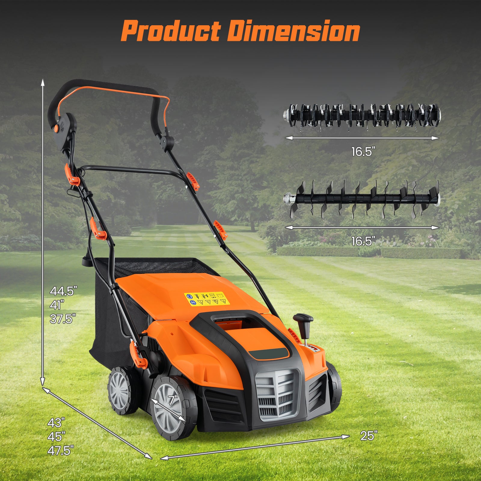 16-Inch Electric Lawn Dethatcher and Scarifier with Collection Bag-Green - Orange