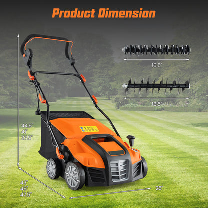 16-Inch Electric Lawn Dethatcher and Scarifier with Collection Bag-Green - Orange