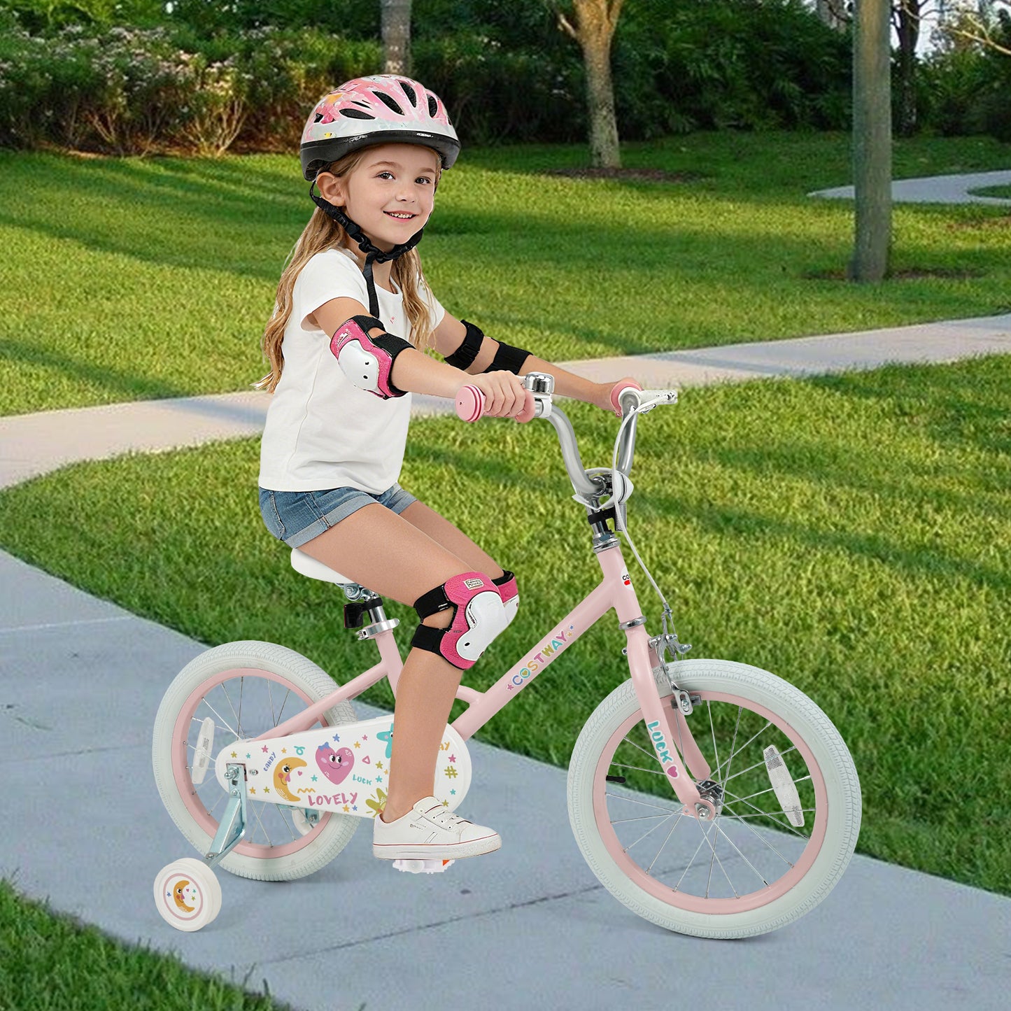 Kids Bike 12-18 Inch with Training Wheels - Pink Stars & Moon