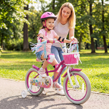 Kids Bike 18-Inch with Training Wheels and Basket Rose Red