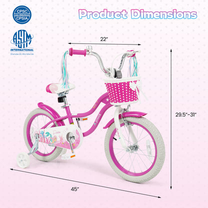 Kids Bike 18-Inch with Training Wheels and Basket Rose Red