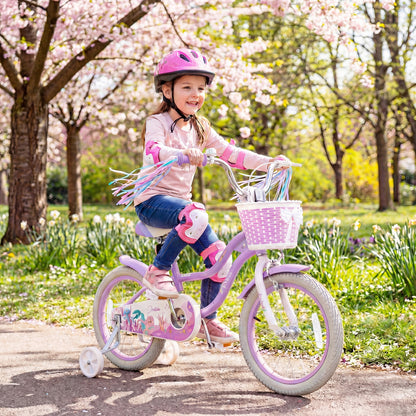 Kids Bike 12-20 Inch with Training Wheels & Basket Purple