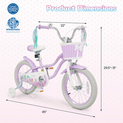 Kids Bike 12-20 Inch with Training Wheels & Basket Purple