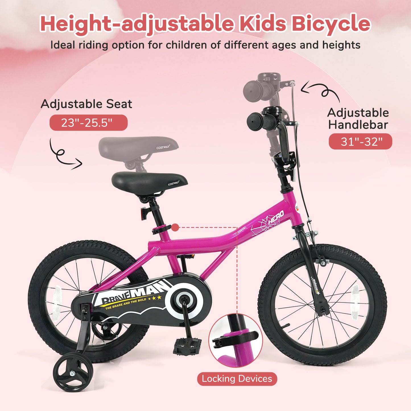 Kids Bike 14-Inch with Removable Training Wheels Pink