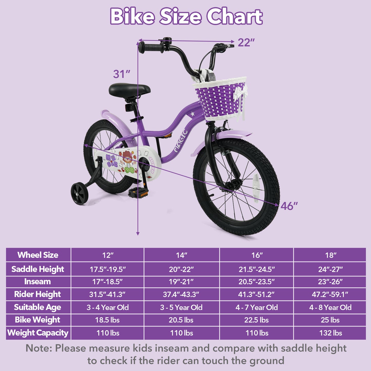 Kids Bike with Training Wheels 12-18 Inch - Purple