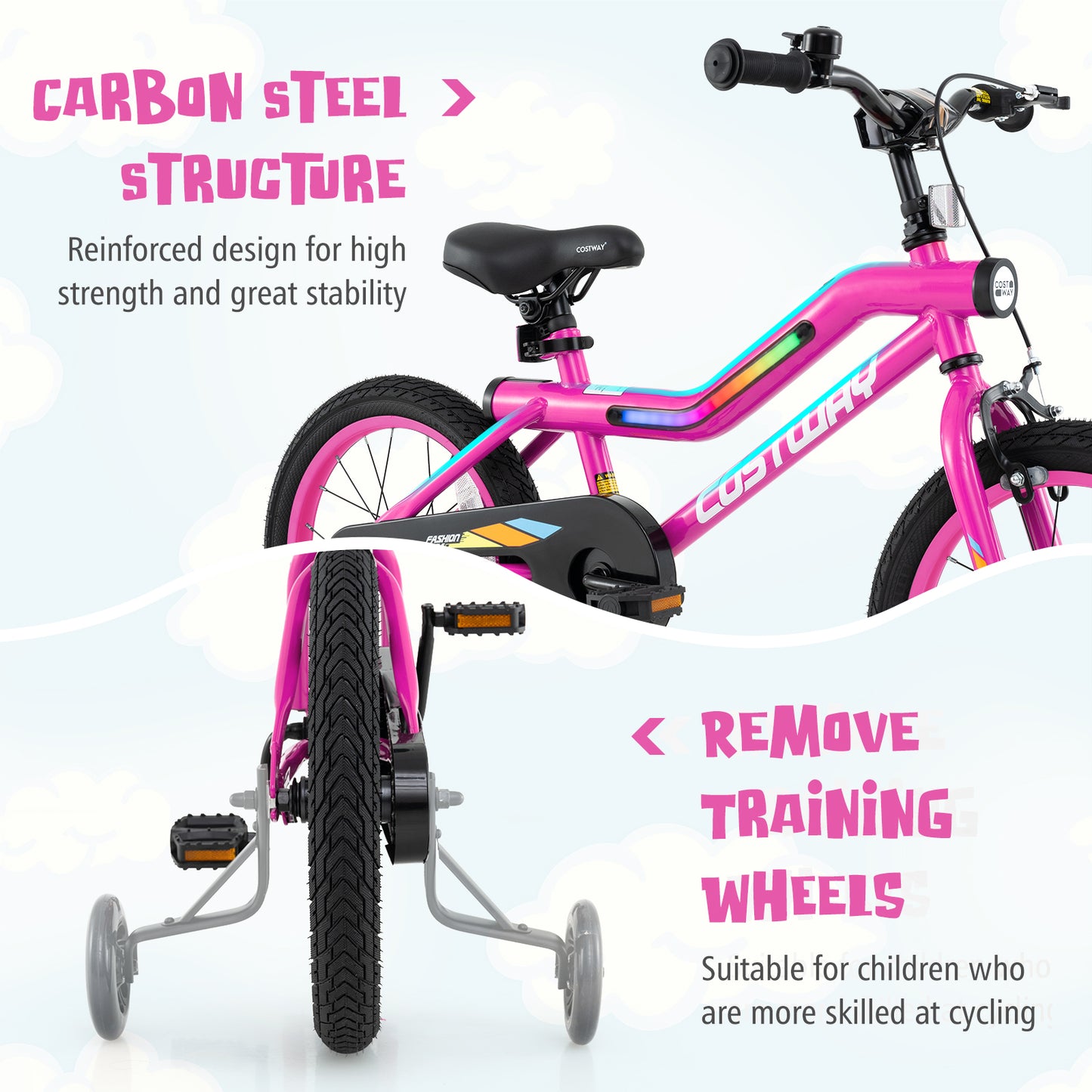 18 Inch LED Lighted Kids Bike with Training Wheels and Headlight for Ages 4-8 Years-18 inches