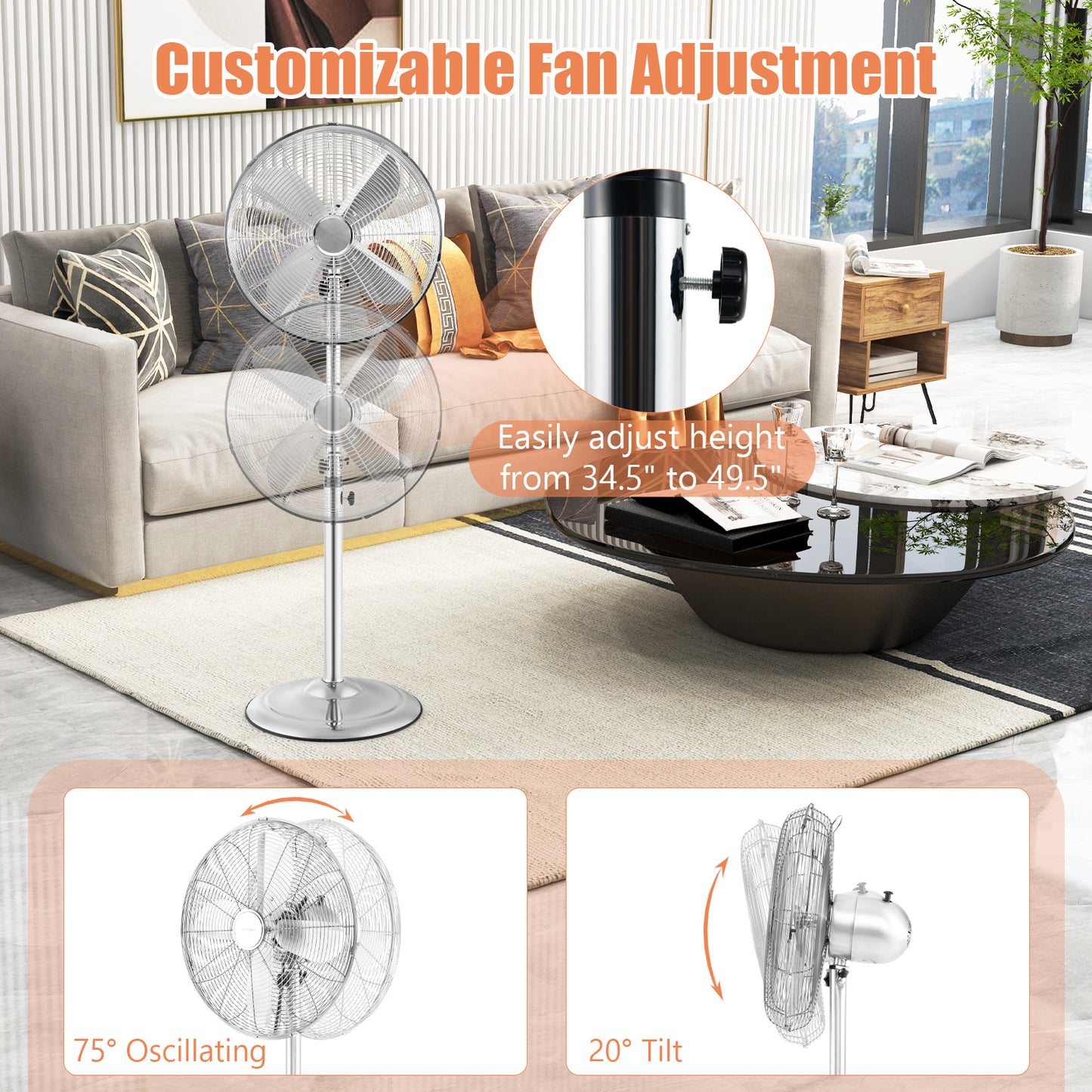 16 Inch Pedestal Standing Fan Oscillating Pedestal Fan with 3 Speeds and Adjustable Height