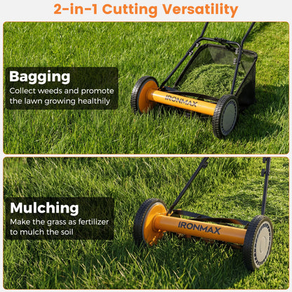 16 Inch Push Lawn Mower with 5 Steel Blades and Grass Catcher Bag-Orange