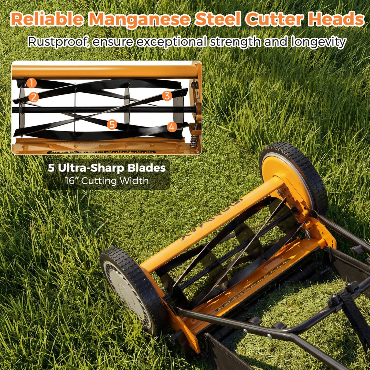 16 Inch Push Lawn Mower with 5 Steel Blades and Grass Catcher Bag-Orange