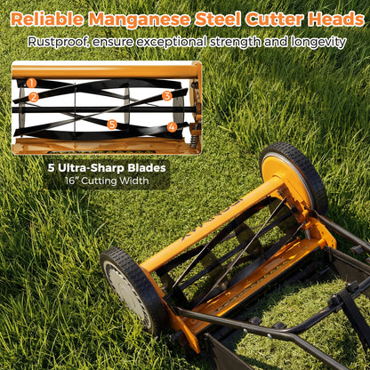 16 Inch Push Lawn Mower with 5 Steel Blades and Grass Catcher Bag-Orange