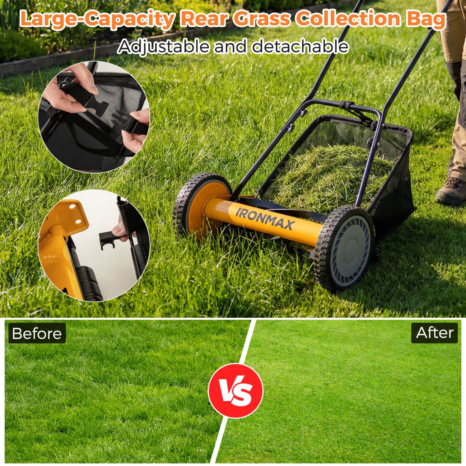 16 Inch Push Lawn Mower with 5 Steel Blades and Grass Catcher Bag-Orange