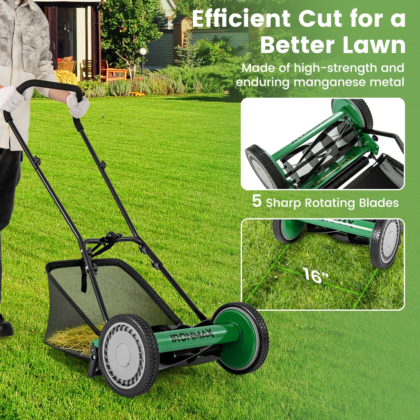 16 Inch Push Lawn Mower with 5 Steel Blades and Grass Catcher Bag-Green