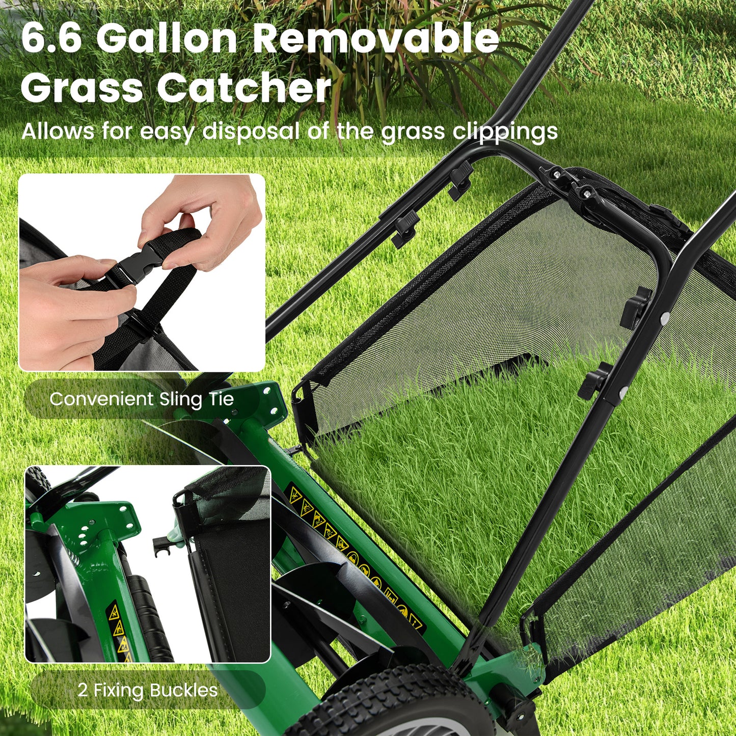 16 Inch Push Lawn Mower with 5 Steel Blades and Grass Catcher Bag-Green