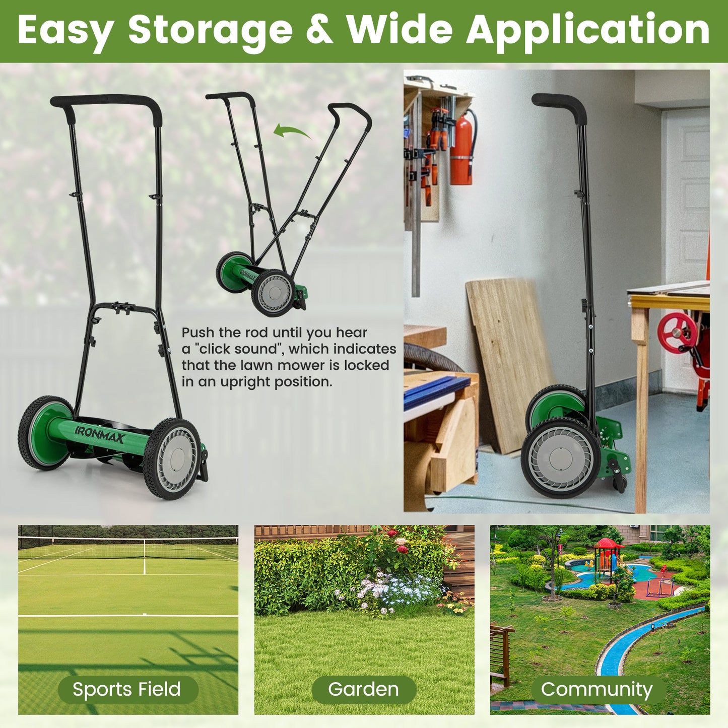 16 Inch Push Lawn Mower with 5 Steel Blades and Grass Catcher Bag-Green
