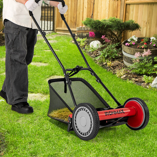 16 Inch Push Lawn Mower with 5 Steel Blades and Grass Catcher Bag-Red