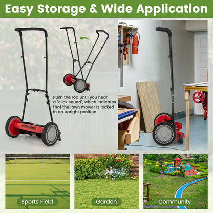 16 Inch Push Lawn Mower with 5 Steel Blades and Grass Catcher Bag-Red