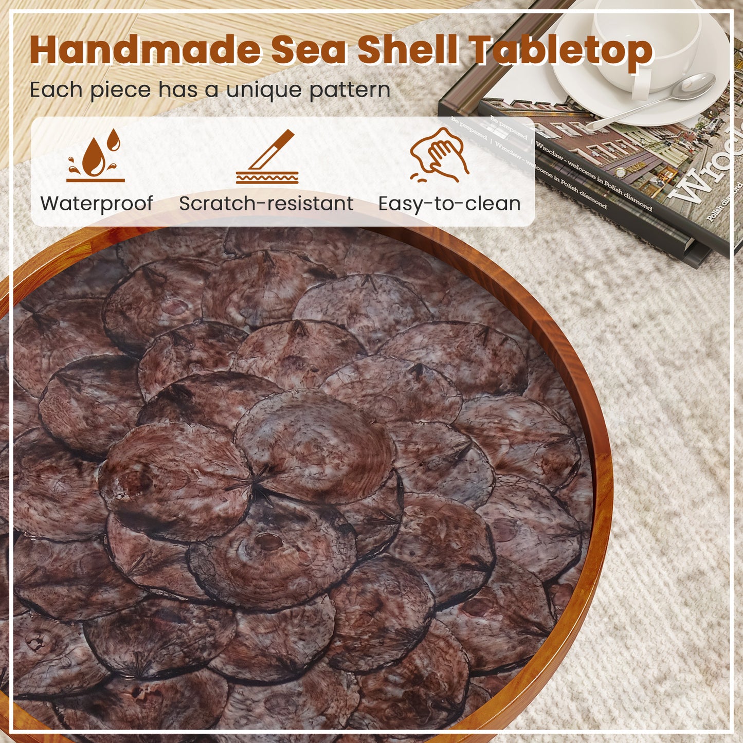 Round Sea Shell End Table with Epoxy Resin Finish