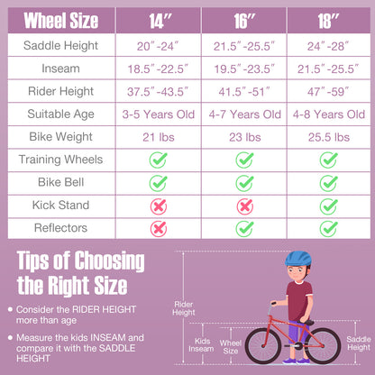 16 Inch Kids Bike with Front Handbrake and 2 Training Wheels-Purple