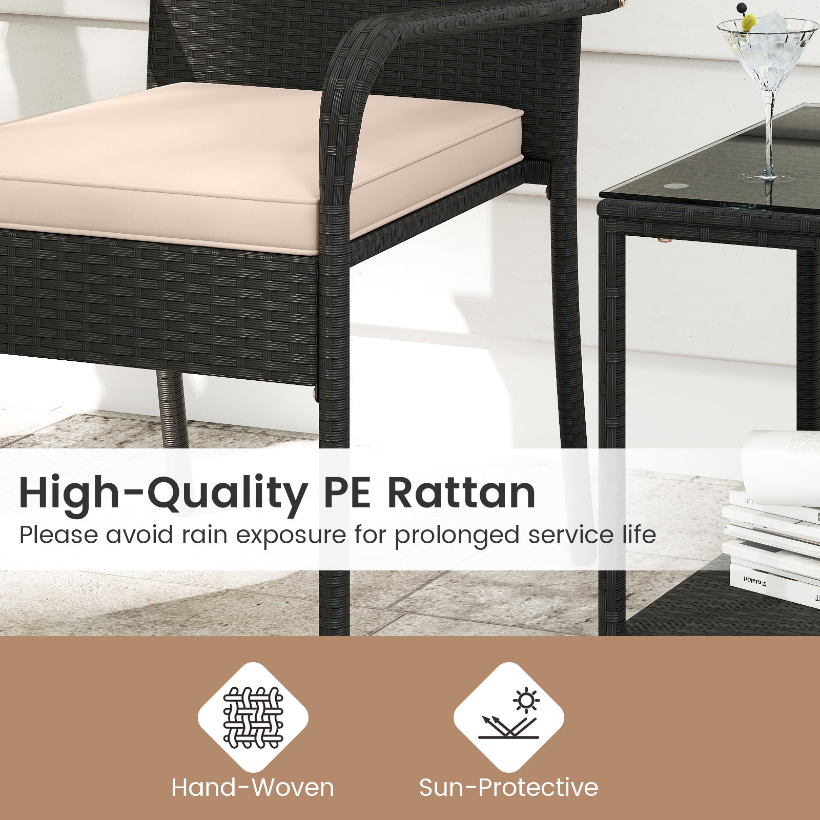 3 Piece Patio Furniture Set with Seat Cushions and Tempered Glass Tabletop-Beige