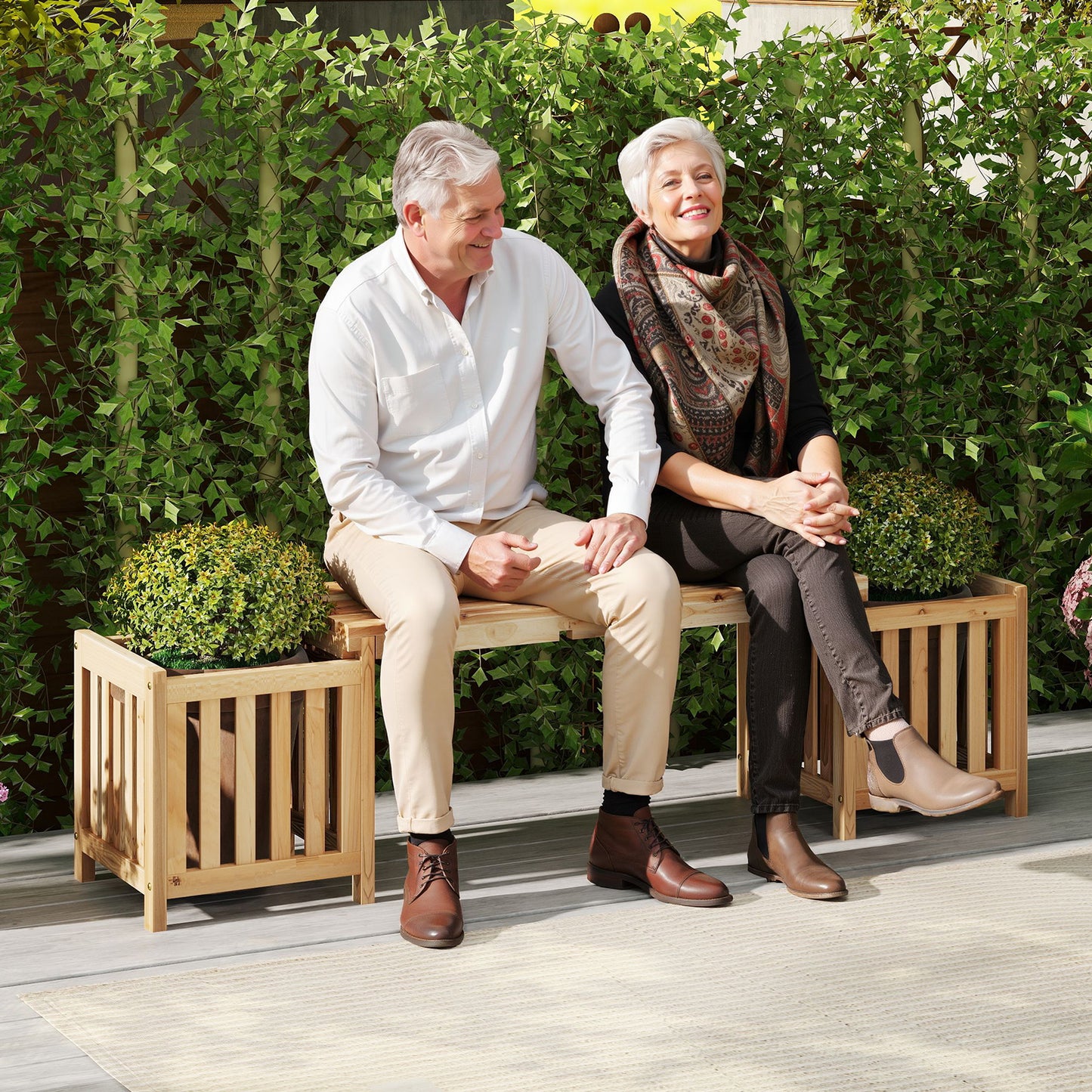 Patio Wooden Bench with Planter 2 Person Patio Bench-Natural