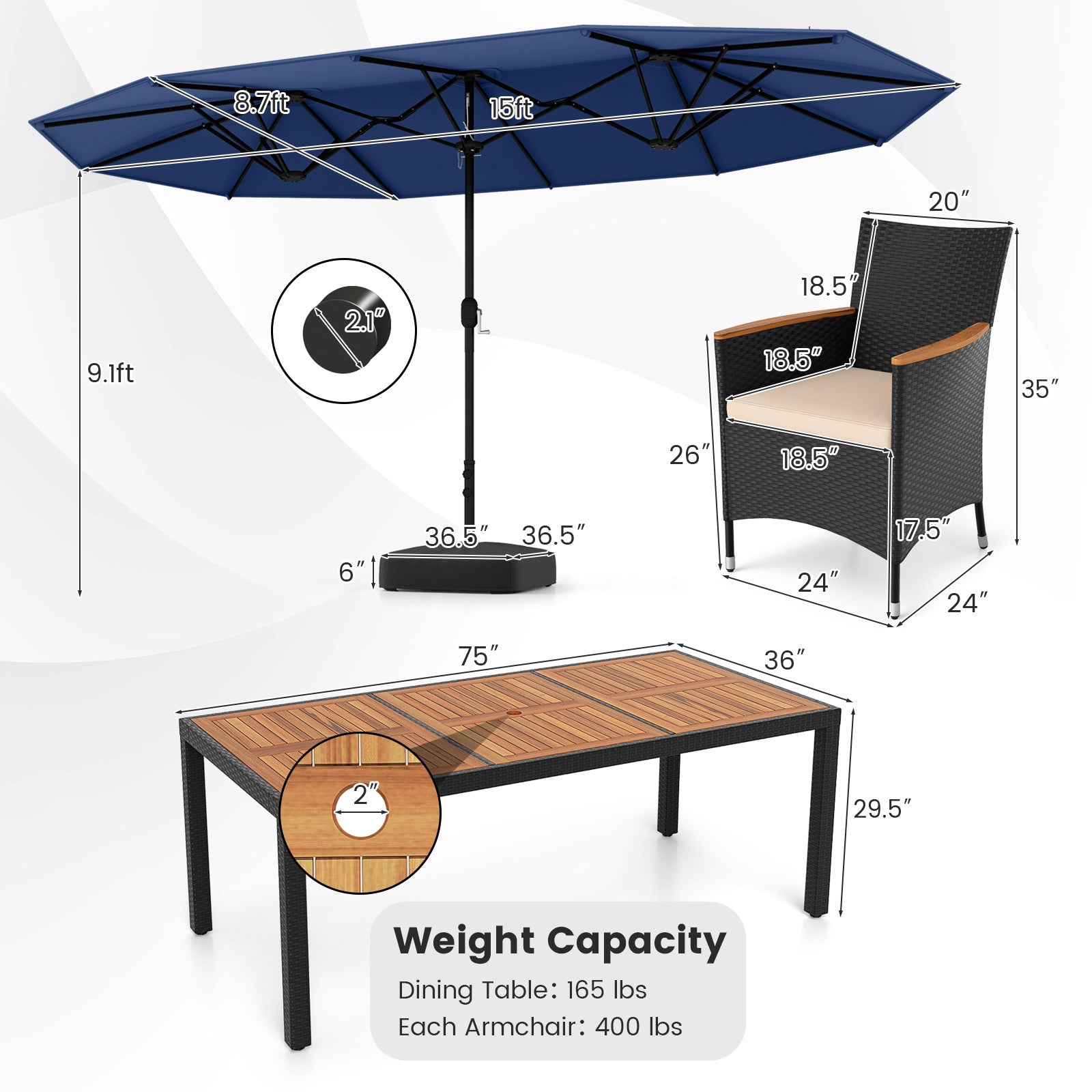 10 Piece Outdoor Dining Set with 15 Feet Double-Sided Twin Umbrella-Navy