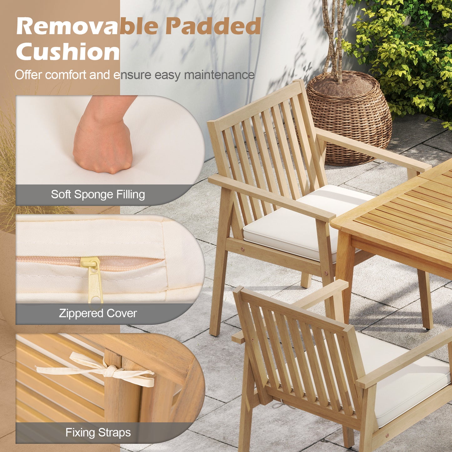 2 Pieces Patio Dining Chairs Outdoor Acacia Wood Chairs with Removable Padded Cushion-Oak