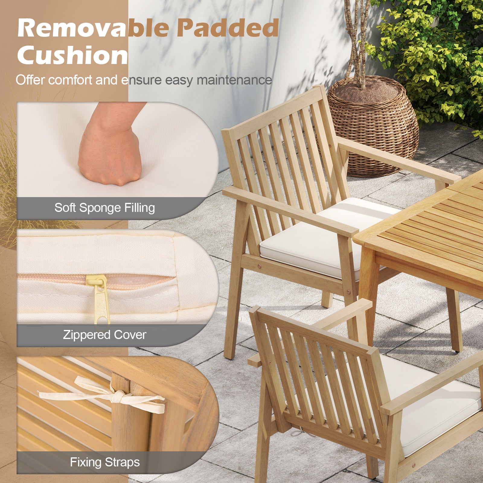 2 Pieces Patio Dining Chairs Outdoor Acacia Wood Chairs with Removable Padded Cushion-Oak