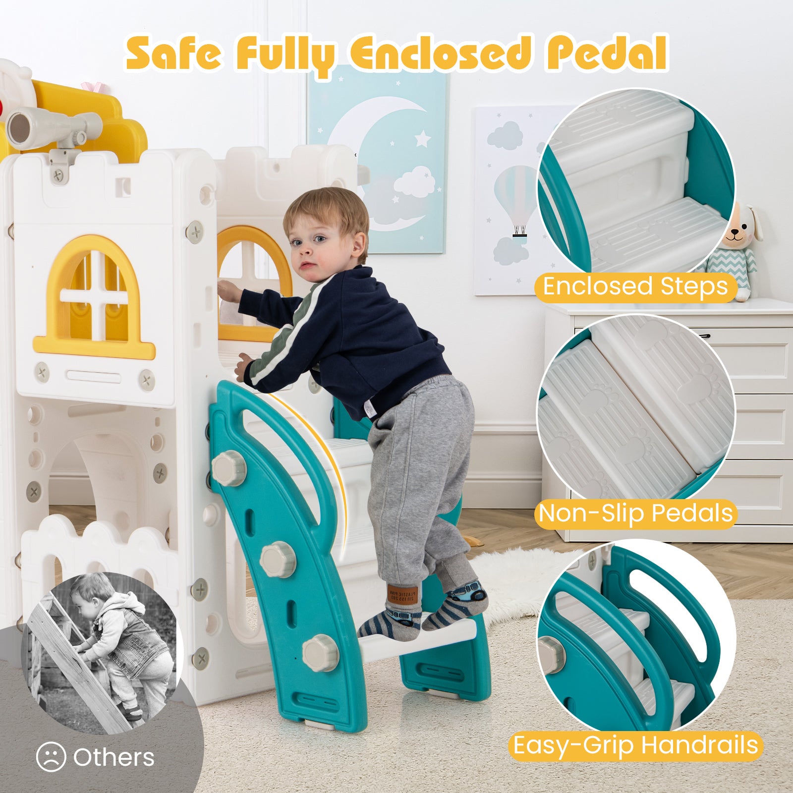 All-in-1 Toddler Slide Playset Playground with Tunnel and Ladder and Basketball-Yellow