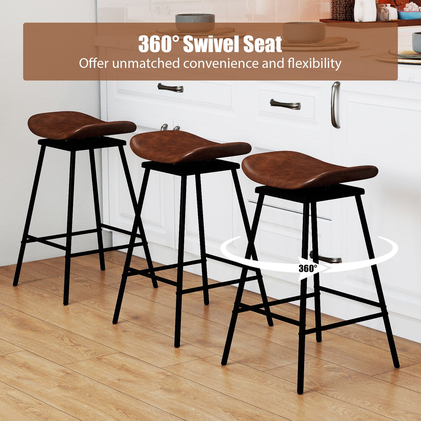 Set of 2 Swivel Barstools Faux Leather Upholstered Backless with Footrest-Brown