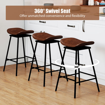 Set of 2 Swivel Barstools Faux Leather Upholstered Backless with Footrest-Brown