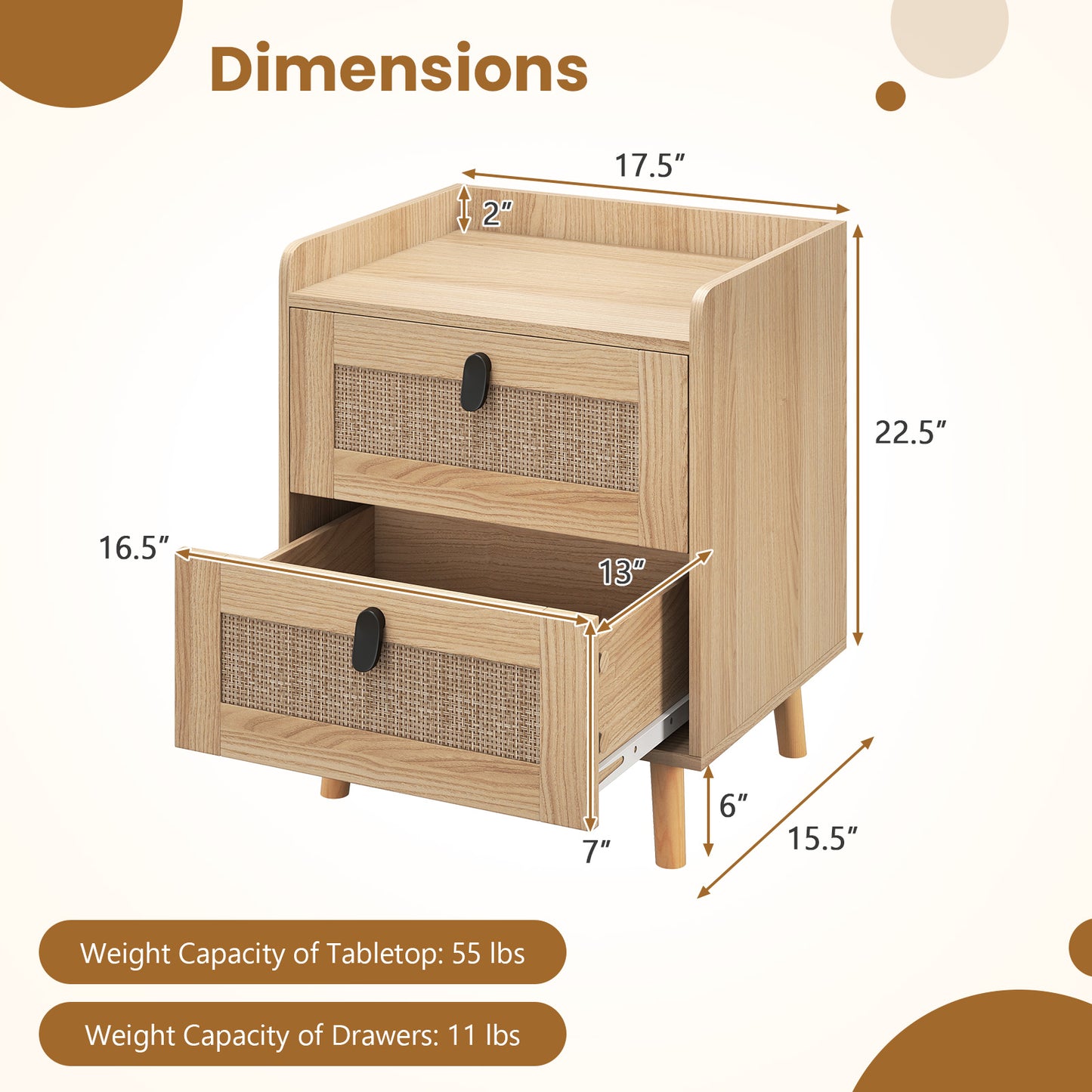 Modern End Table Bedside Table with 2 Rattan Decorated Drawers-Natural