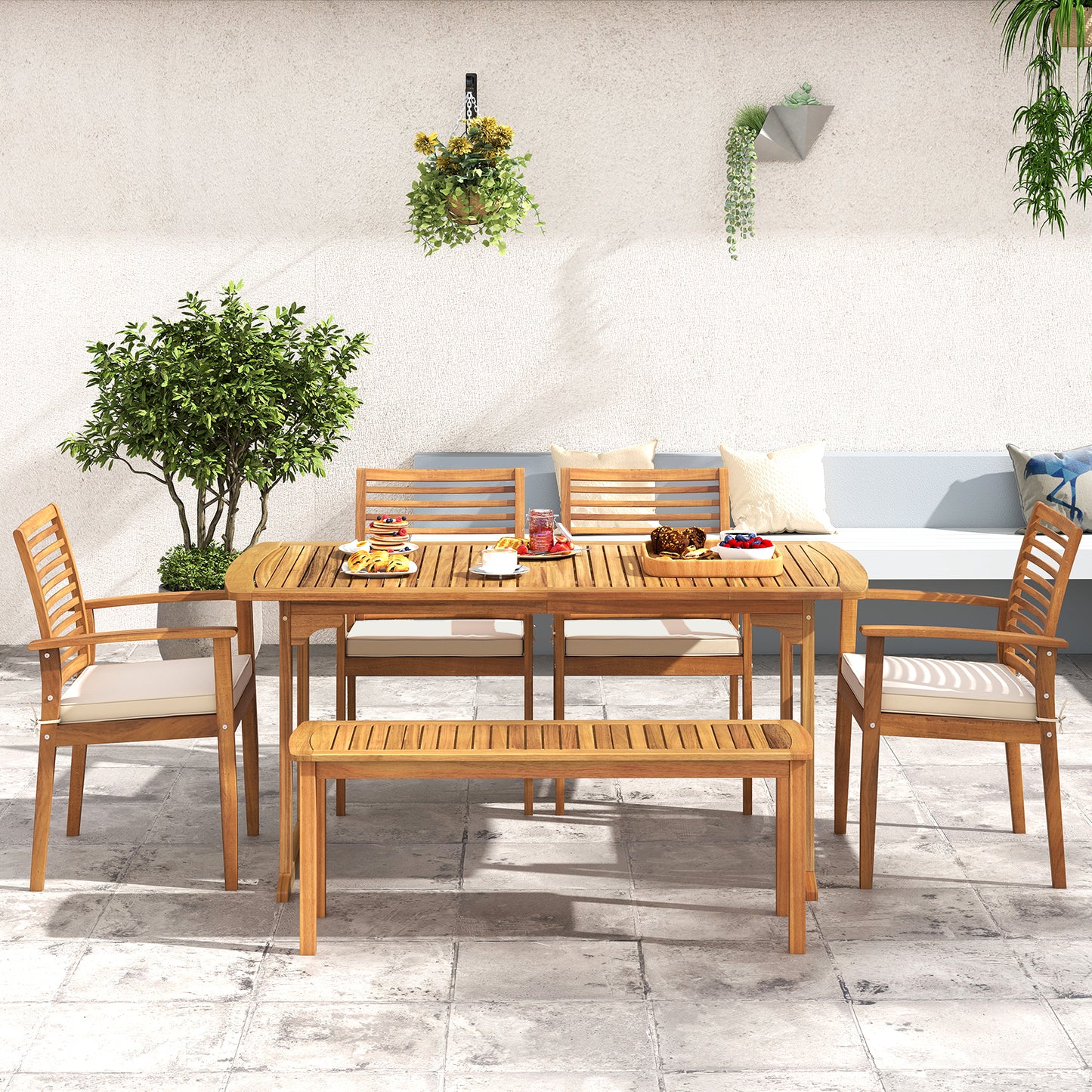 Outdoor Patio Dining Chairs Set of 2 with Removable Padded Cushion and Slatted Backrest-Beige