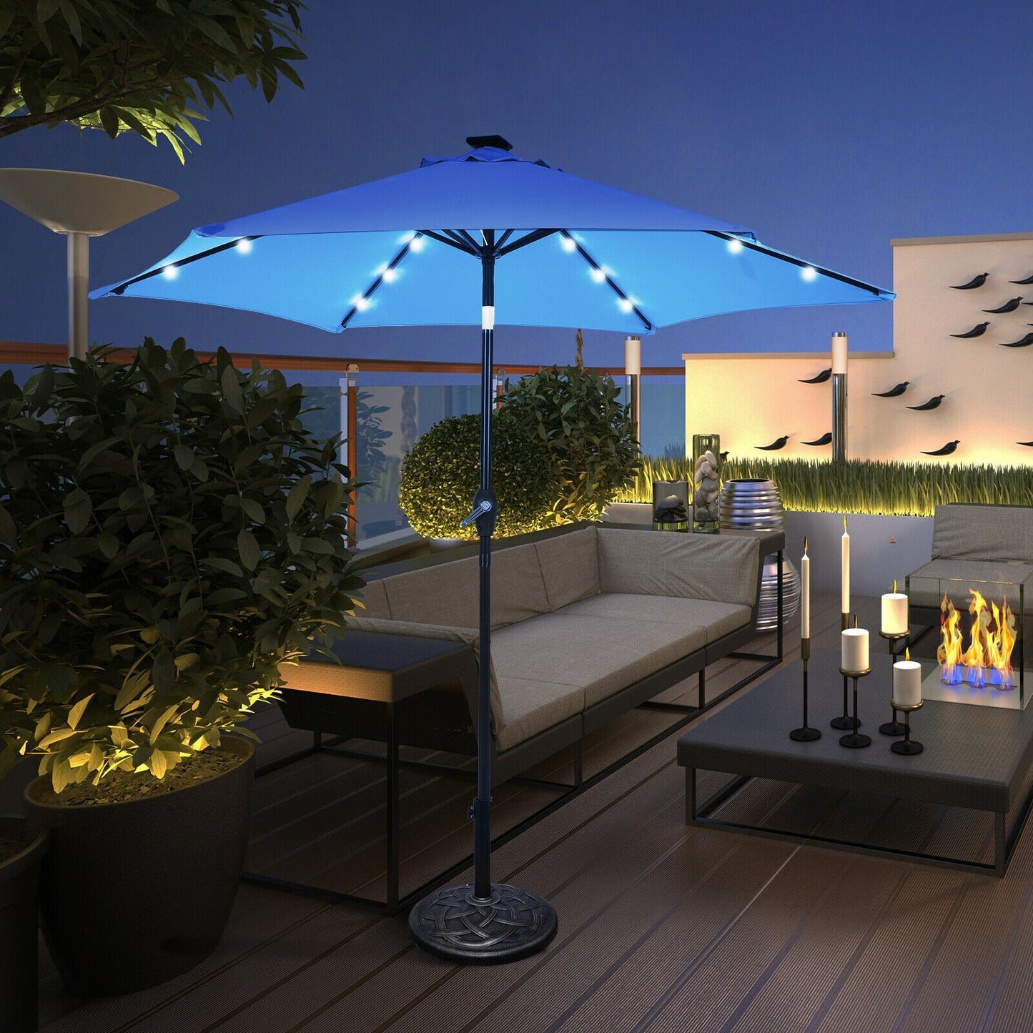 9 Feet Solar LED Lighted Patio Market Umbrella Tilt Adjustment Crank Lift-Orange - Blue
