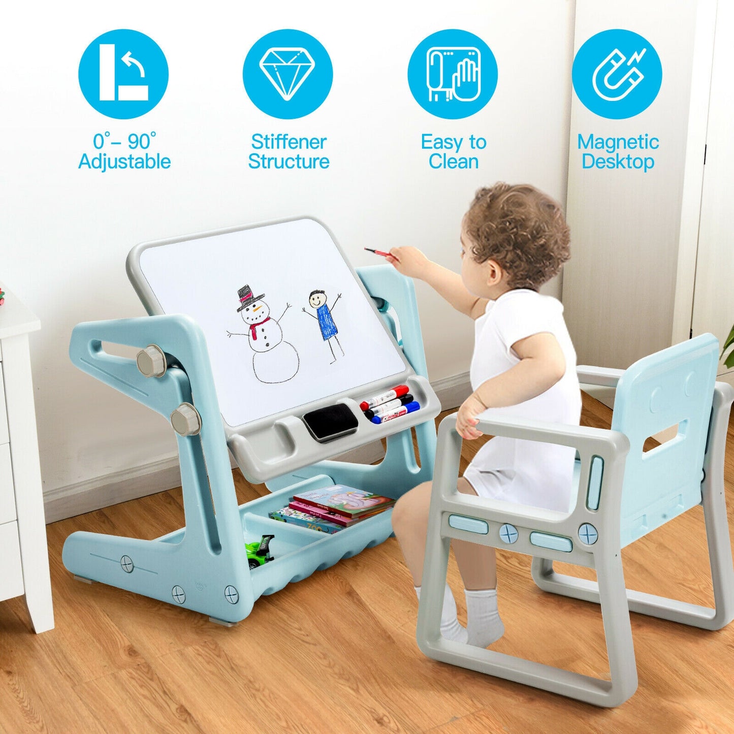 2 in 1 Kids Easel Table and Chair Set with Adjustable Art Painting Board-Blue