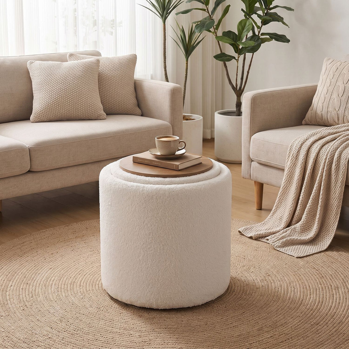 17 Inches Round Storage Ottoman with Flipping Lid-Beige