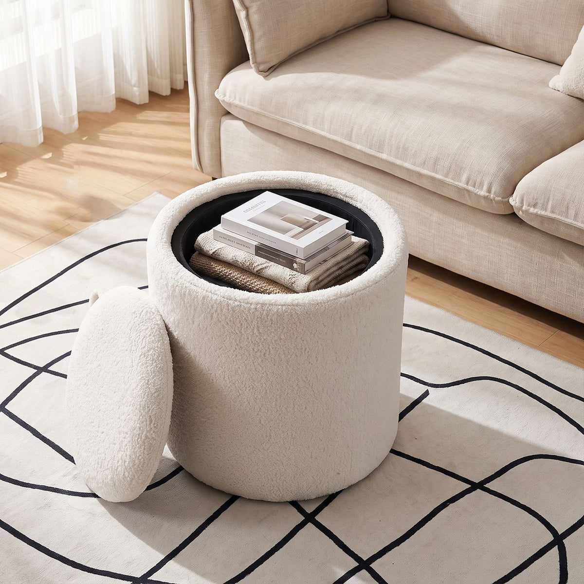 17 Inches Round Storage Ottoman with Flipping Lid-Beige