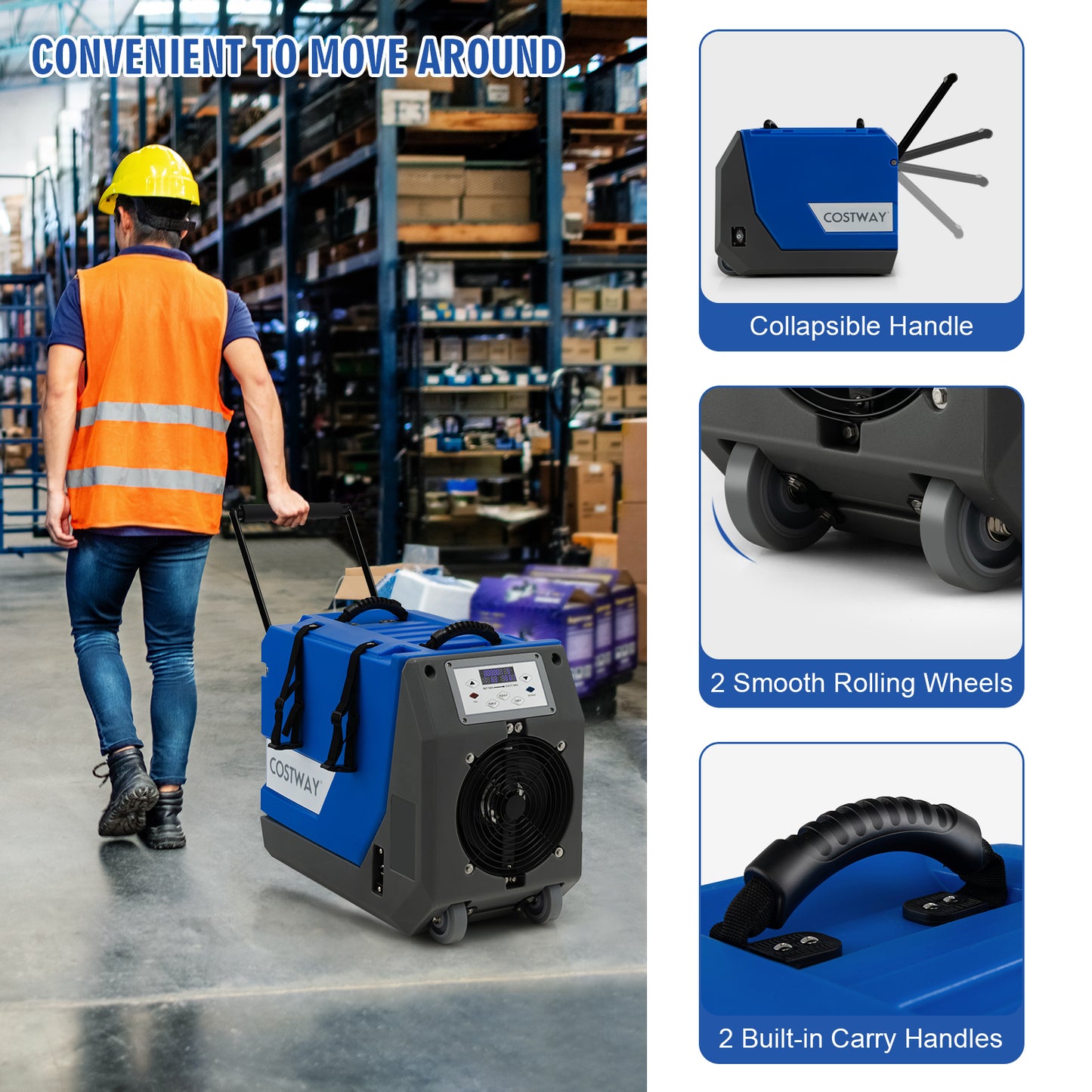 180 PPD Commercial Dehumidifier with Pump Drain Hose and Wheels-Blue