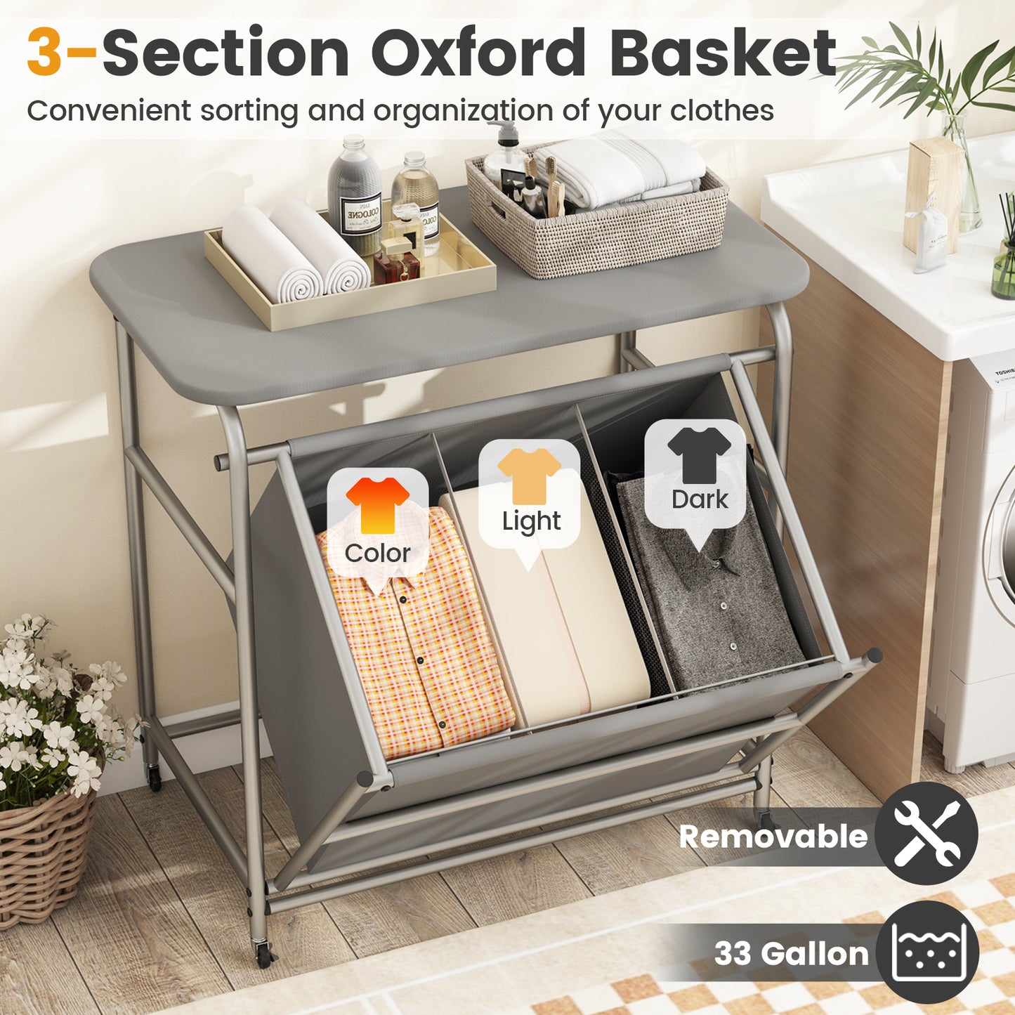 3-Section Laundry Sorter with Foldable Ironing Board and Lockable Wheels-Gray