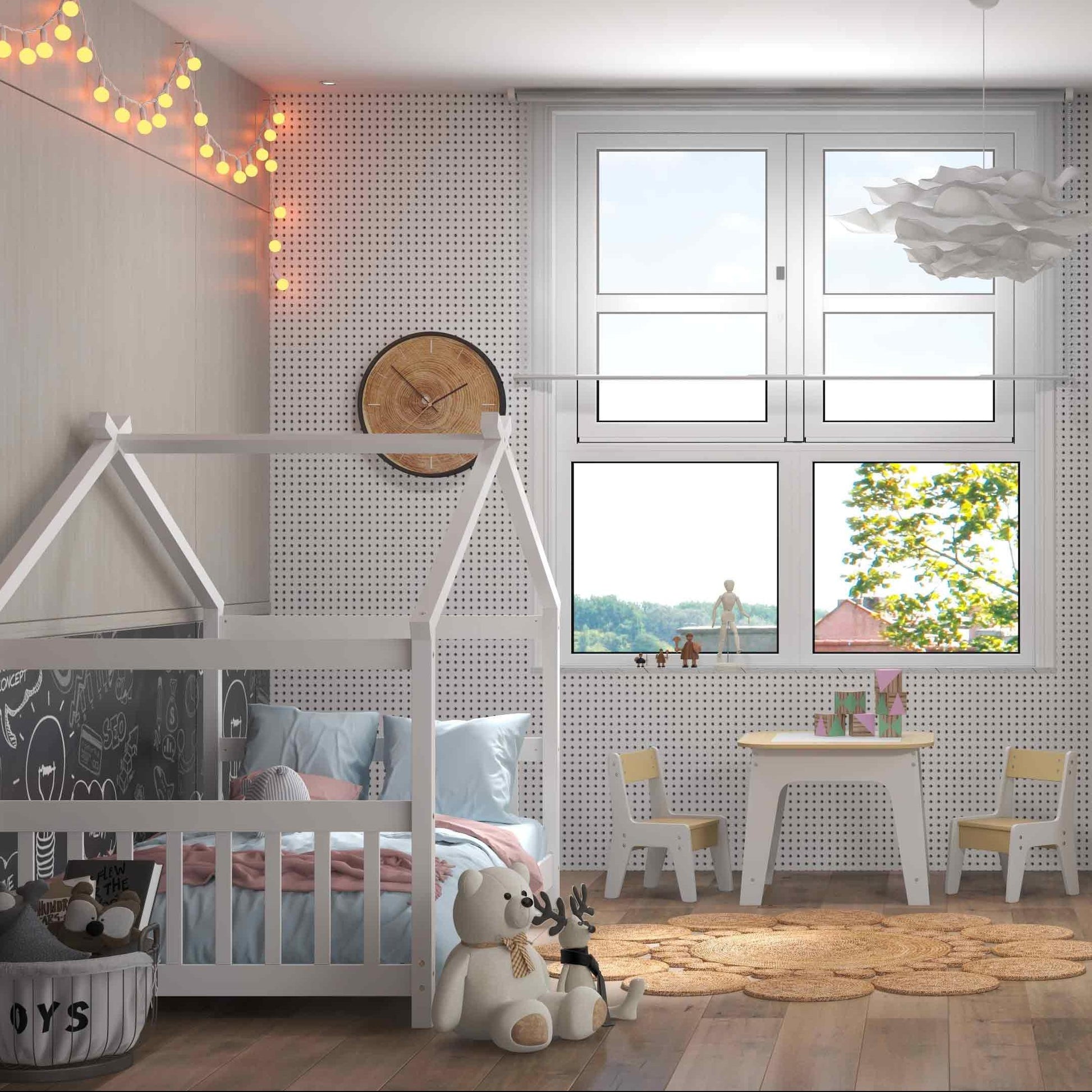 3-Piece Kid‚Äôs Room Bundle: Twin Size Wooden House Bed + Kid's Table and Chairs Set + Kids 2-Shelf Bookcase