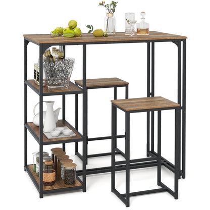 3-Piece Bar Table Set for 2 Bar-Height Dining Table with 2 Stools-Rustic Brown
