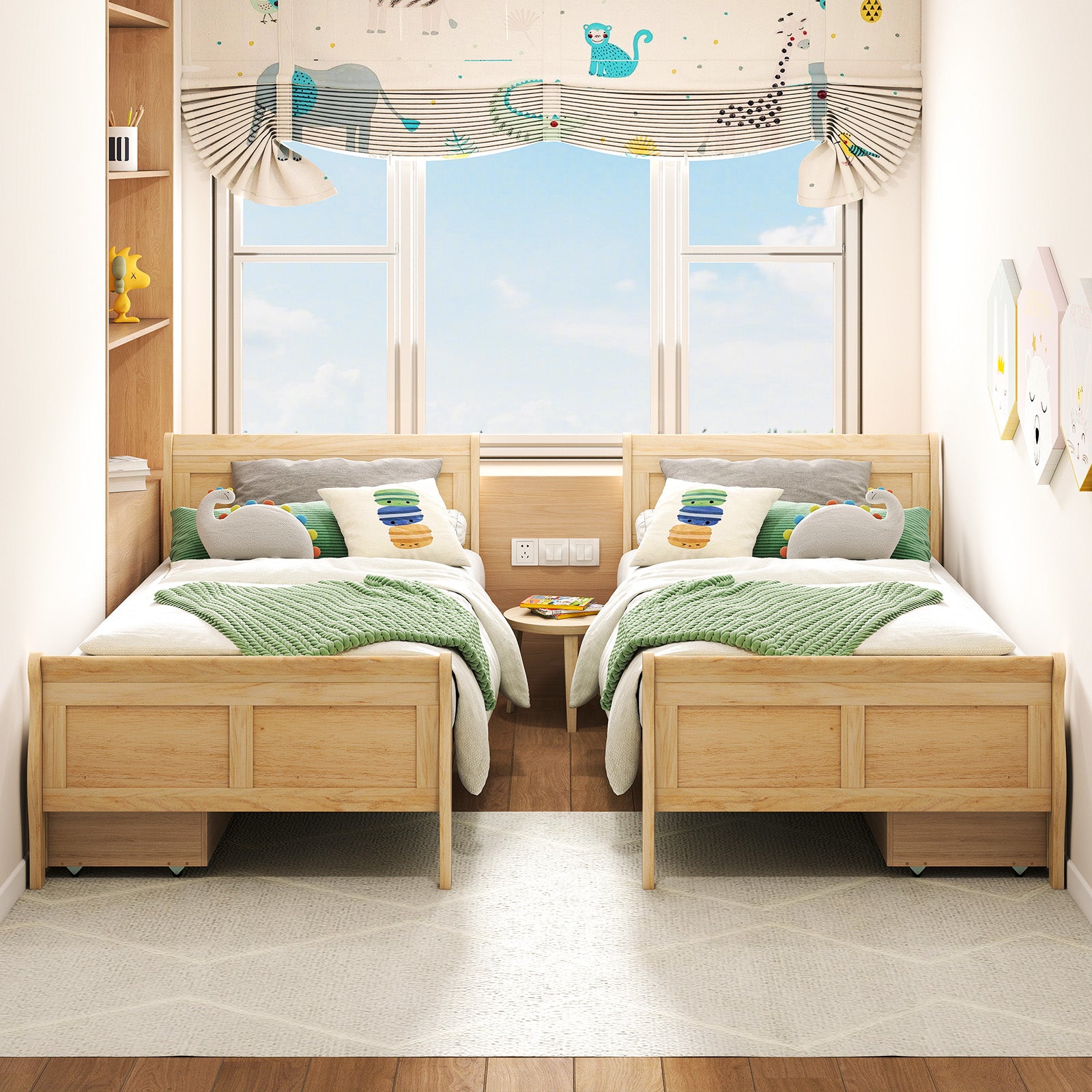 Twin Size Sleigh Bed with 2 Storage Drawers Wood Platform Bed Frame-Natural