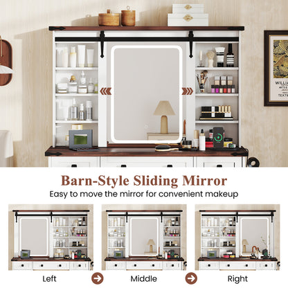 Farmhouse Vanity Desk with Barn-Style Sliding Mirror and 3 Lighting Modes-White