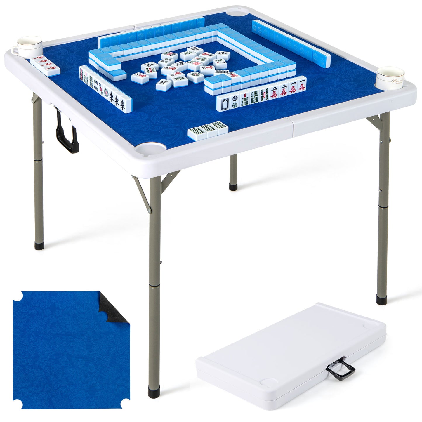 35 Inch 4 Player Game Card Folding Mahjong Table with Cup Holders-Green - Navy