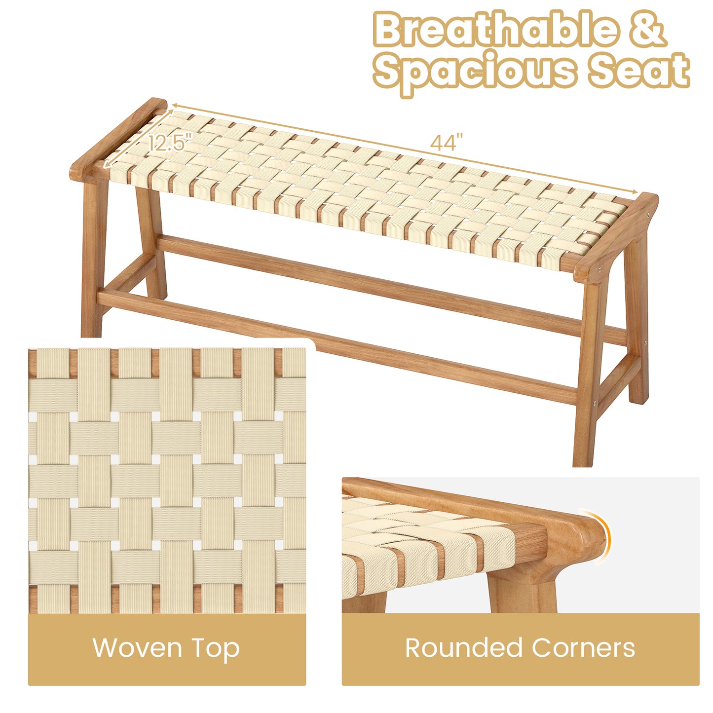 47 Inches Long Teak Wood Patio Bench with Weave Seat and Solid Wood Legs-Natural