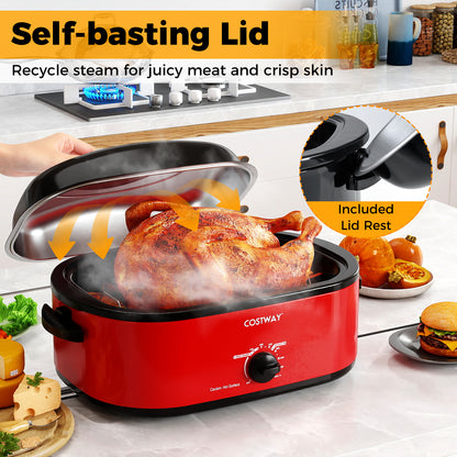18QT Electric Roaster Oven with Self-Basting Lid Turkey Roaster with Removable Pan-Red