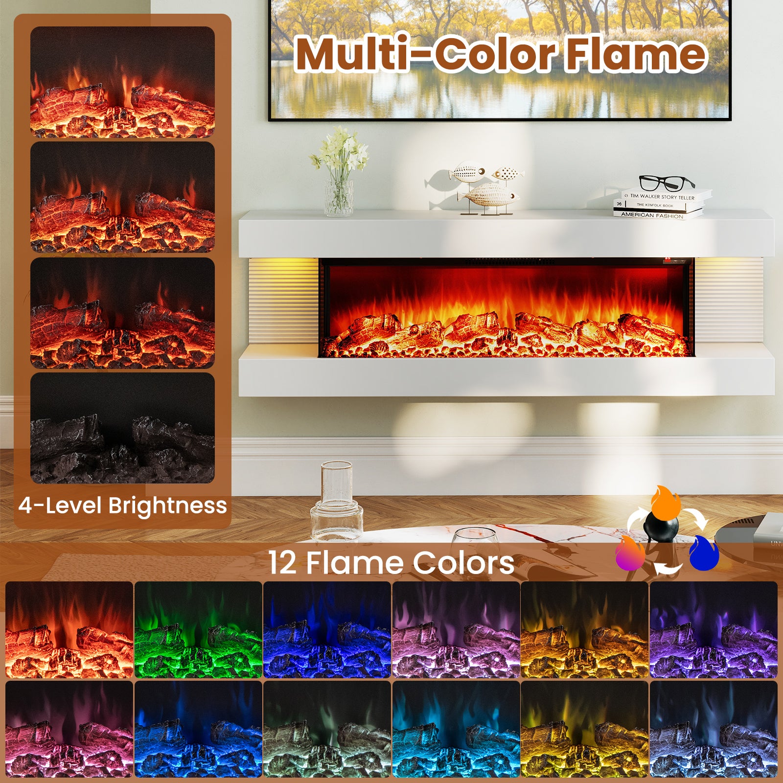 18/36 Inch 3-Sided Wall Mounted Electric Fireplace with 32/50 Inch Wide Floating Mantle-36 Inch